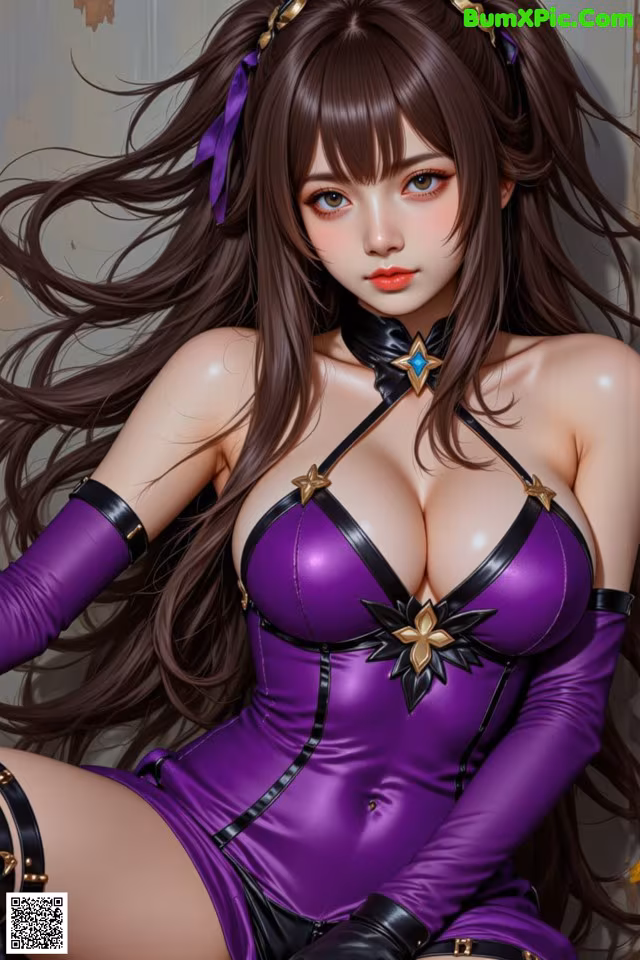 A woman in a purple and black outfit posing for a picture.