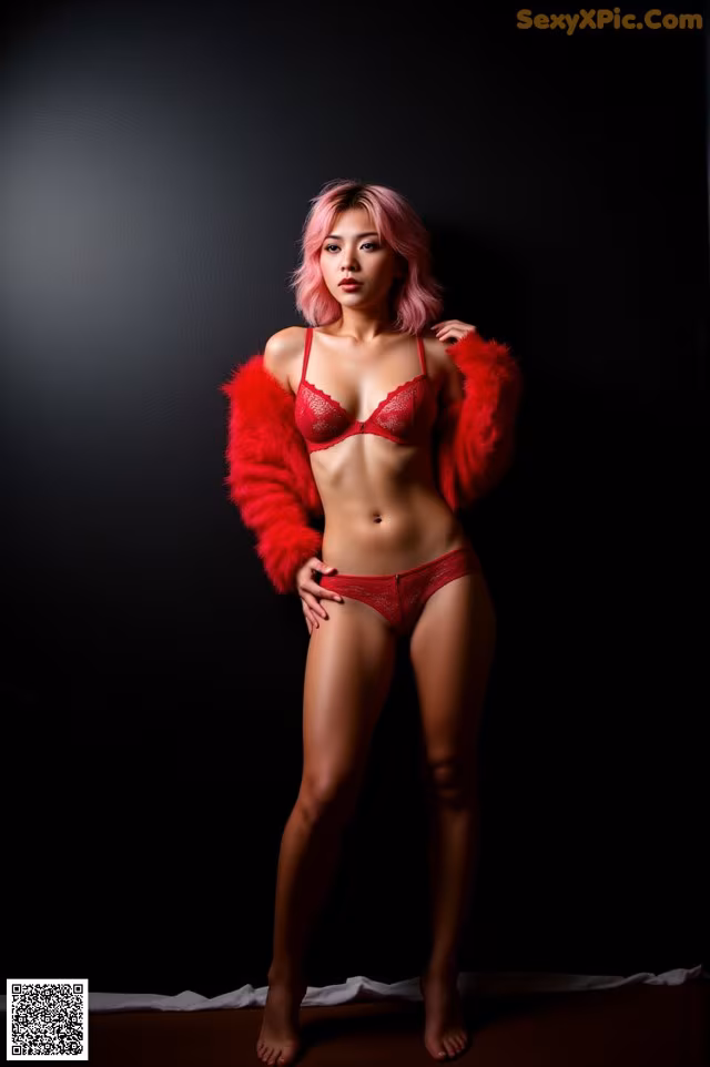 A woman in a red lingerie posing for a picture.
