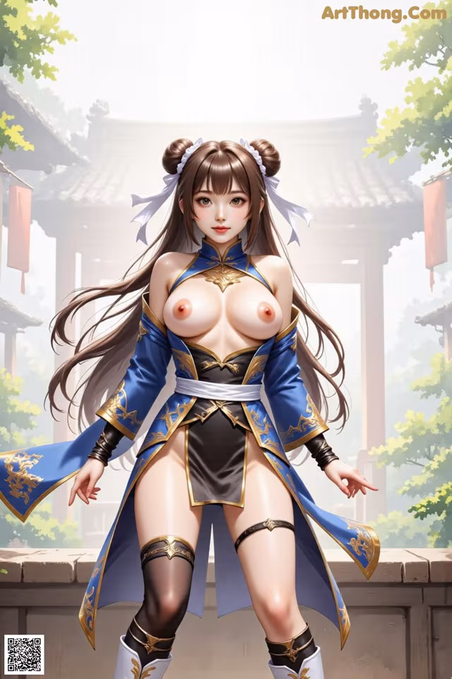 A woman in a blue and gold traditional outfit stands outdoors near a building with red lanterns.
