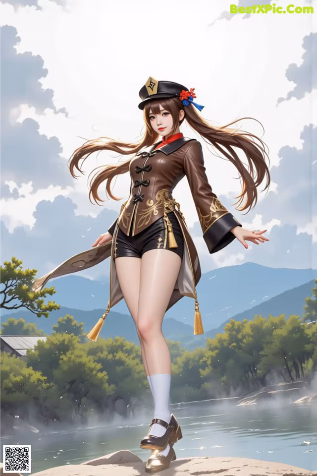A woman in a military uniform standing on a rock by a river.