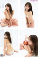 A woman in lingerie eating an apple on the floor.