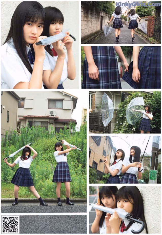 A collage of photos of a girl in a school uniform holding an umbrella.