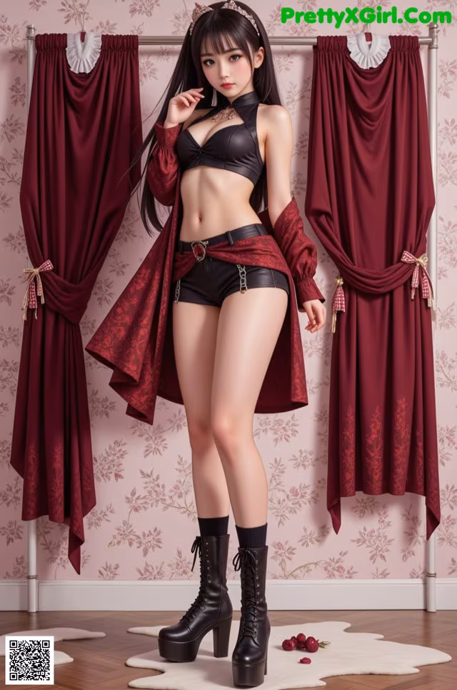 A woman in a black top and red skirt posing for a picture.