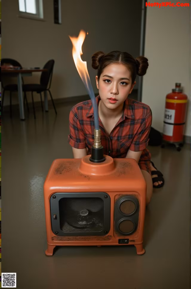 A woman sitting on the floor next to a fire extinguisher.