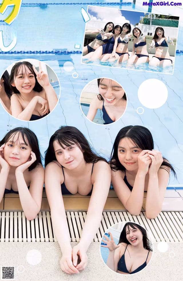 A group of young women in bikinis sitting next to a swimming pool.