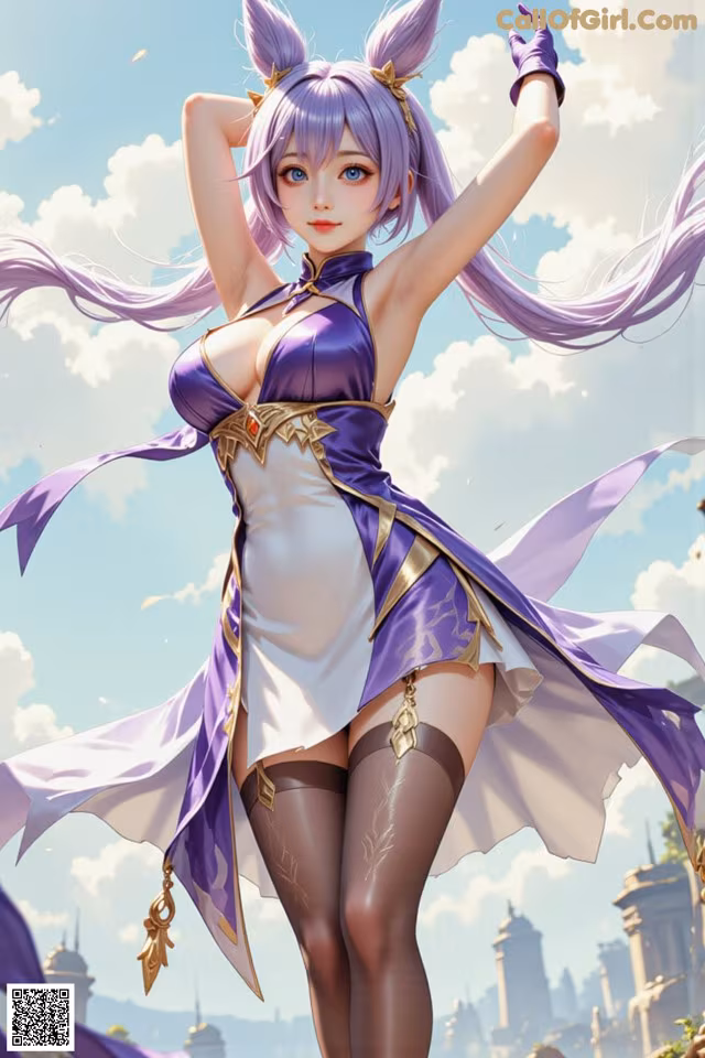 A woman in a purple and white outfit is posing for a picture.