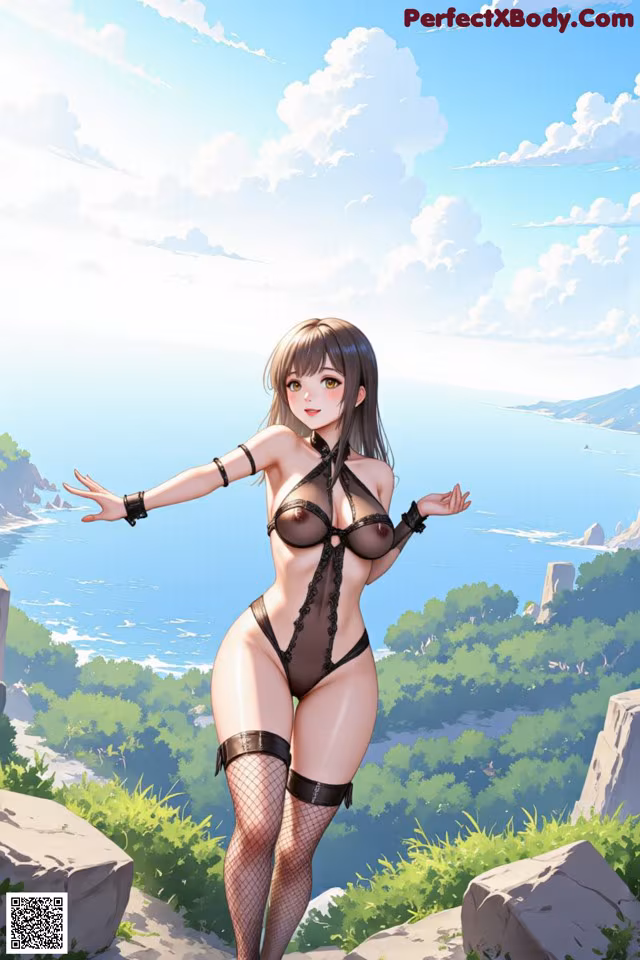 A woman in a black lingerie standing on a cliff overlooking the ocean.