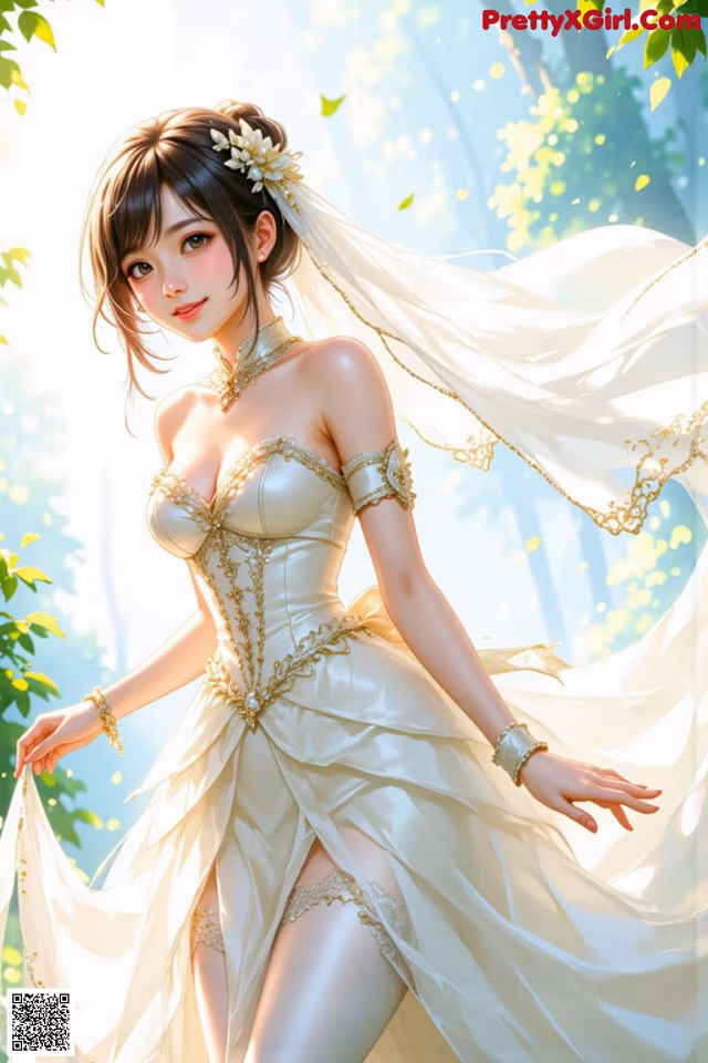 A woman in a white dress is standing in the woods.