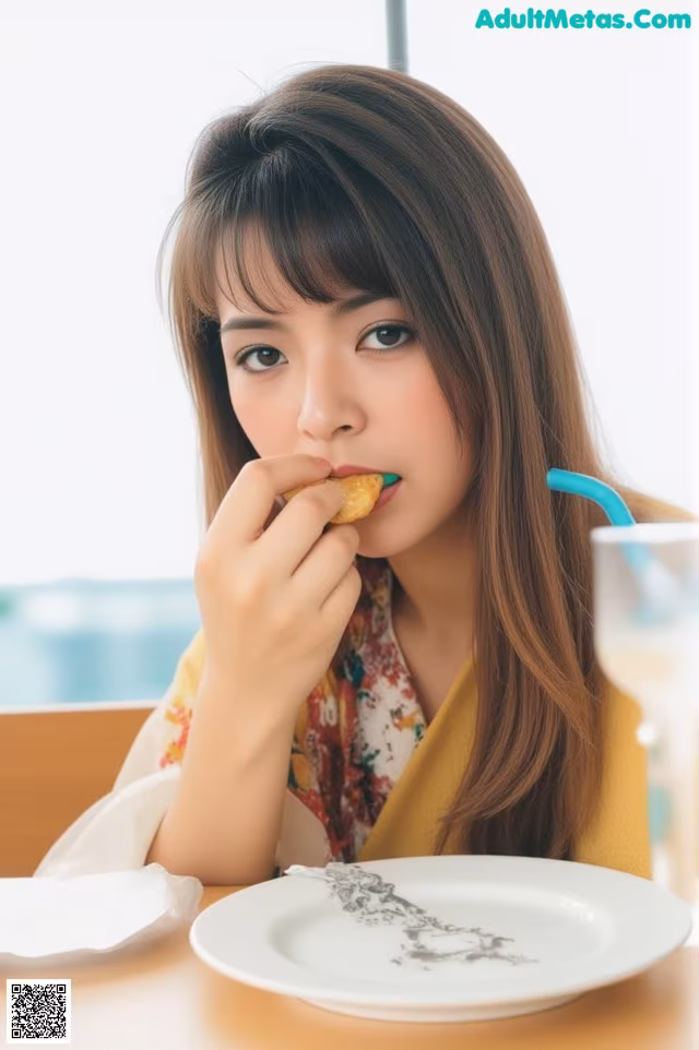 A woman sitting at a table eating a piece of food.