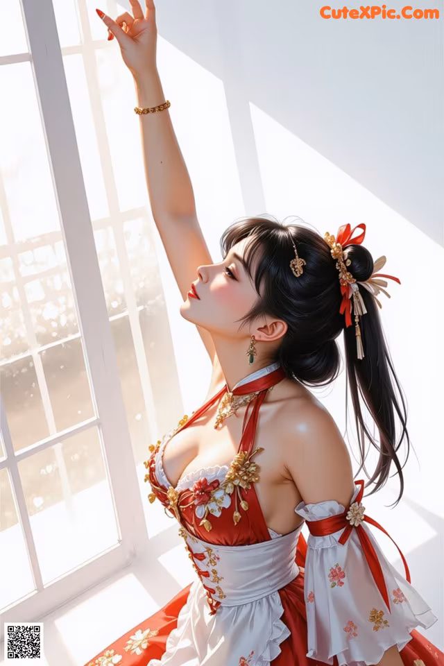 A woman in a red and white dress sitting by a window.