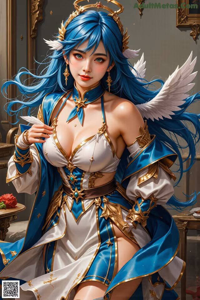 A woman with blue hair wearing a white and blue outfit.