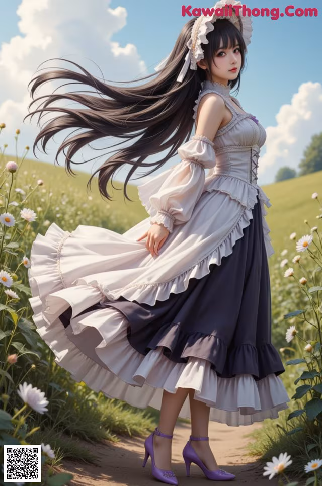 A woman in a dress and hat standing in a field of flowers.
