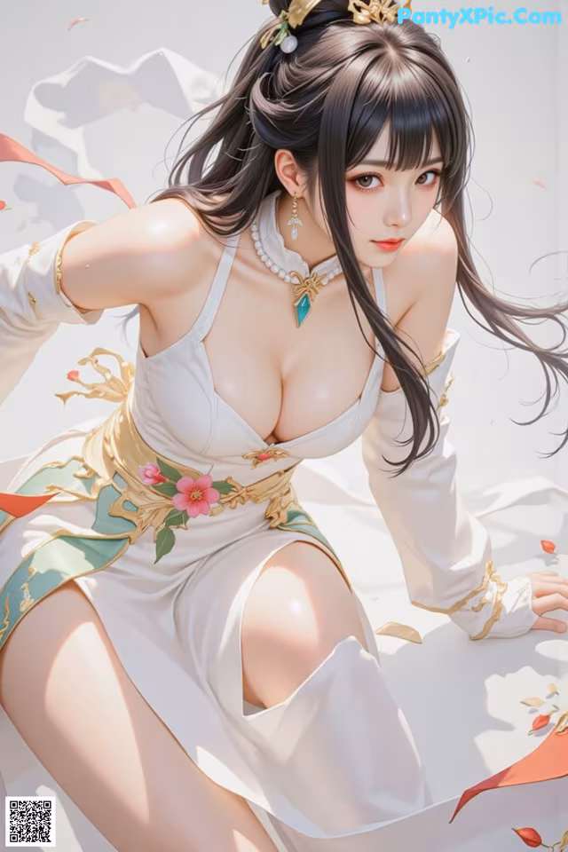A woman in a white dress sitting on a bed.