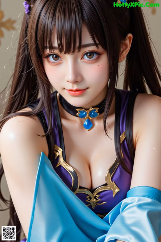 A woman in a blue and purple outfit posing for a picture.