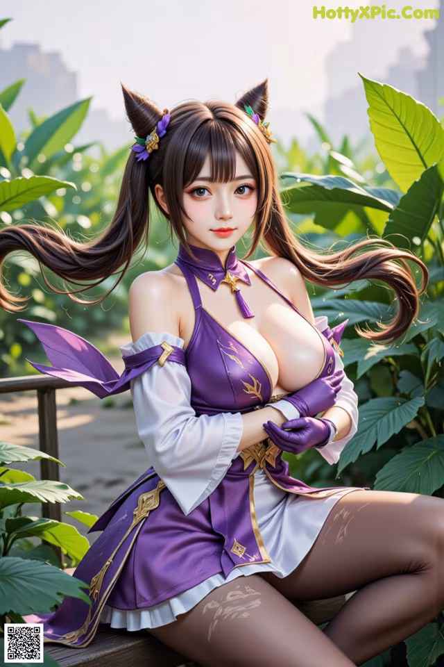 A woman in a purple and white outfit sitting on a bench.