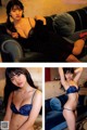 A woman in a blue lingerie sitting on a couch.