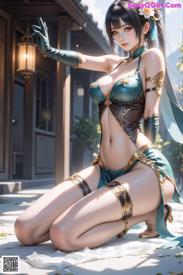 A woman in a green and gold outfit sitting on the ground.