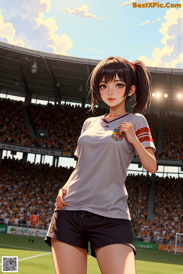 A woman standing on a soccer field in front of a crowd.