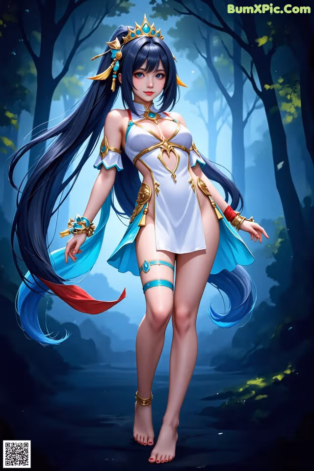 A woman with long black hair wearing a white dress and a crown.